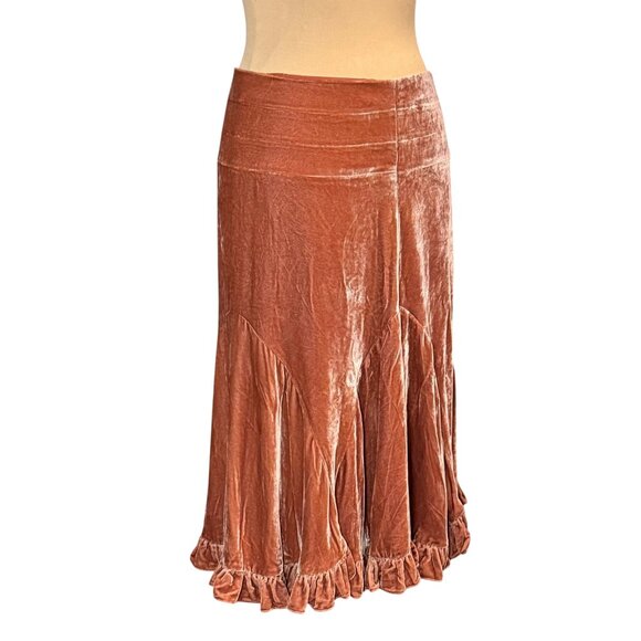 ANTHROPOLOGIE ODILLE Crushed Velvet Skirt Sz 2 Ruffle Hem Rusty Orange Boho Y2K - Picture 3 of 13